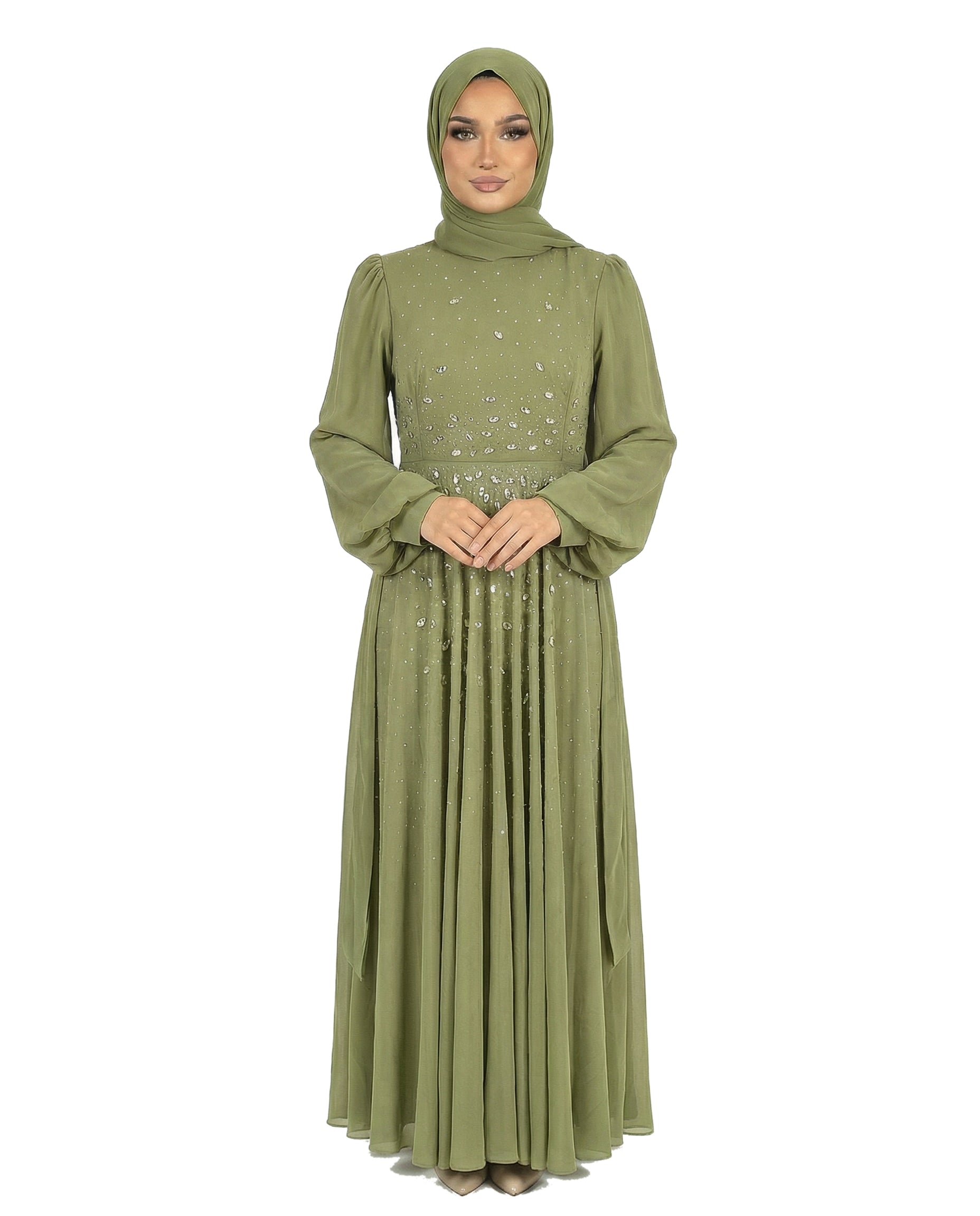 Leaf Green Chiffon Overlay Diamante Maxi Dress with Tie Sleeves