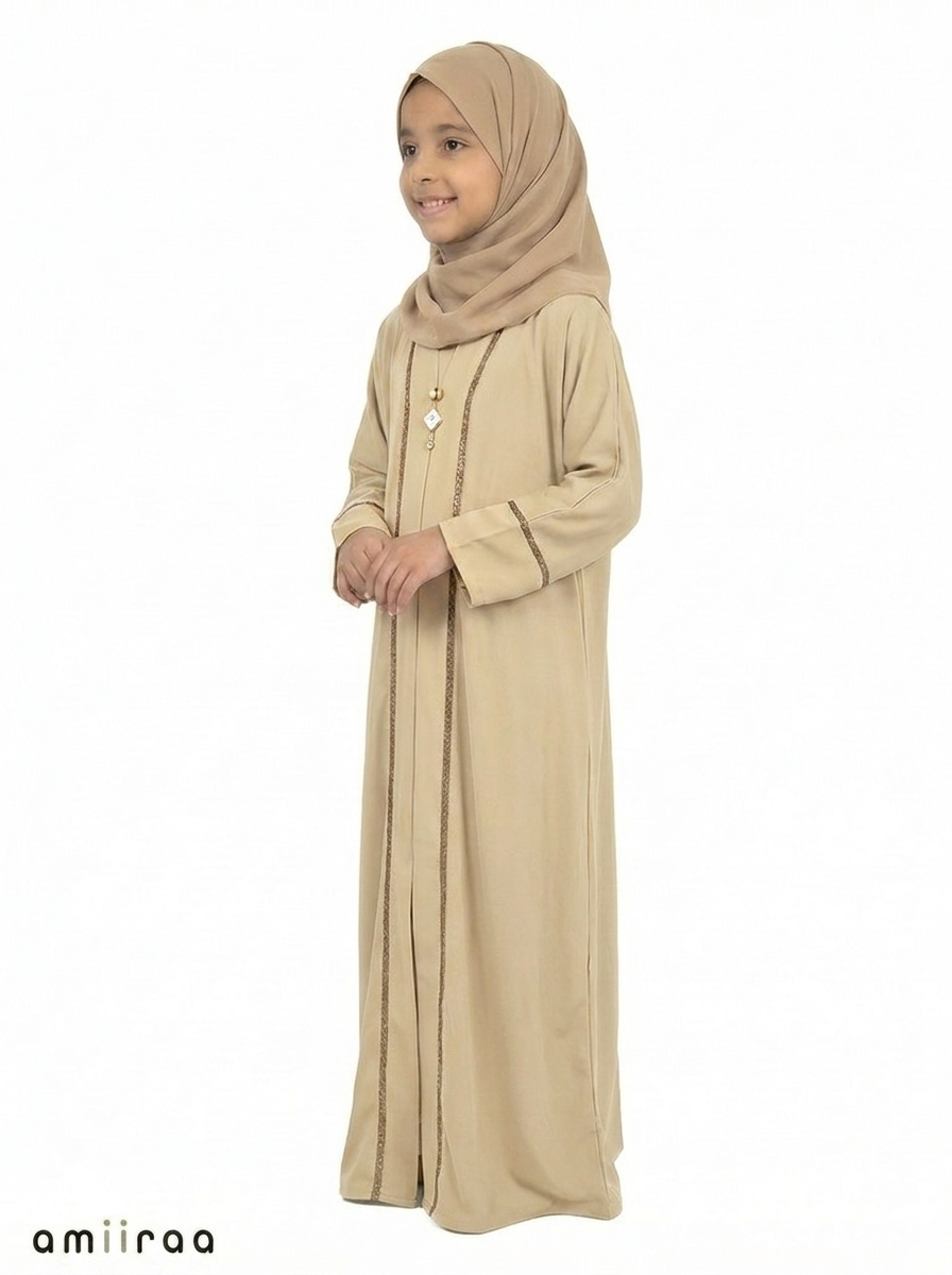 Desert Sage Saudi Abaya with Gold Trim Detailing