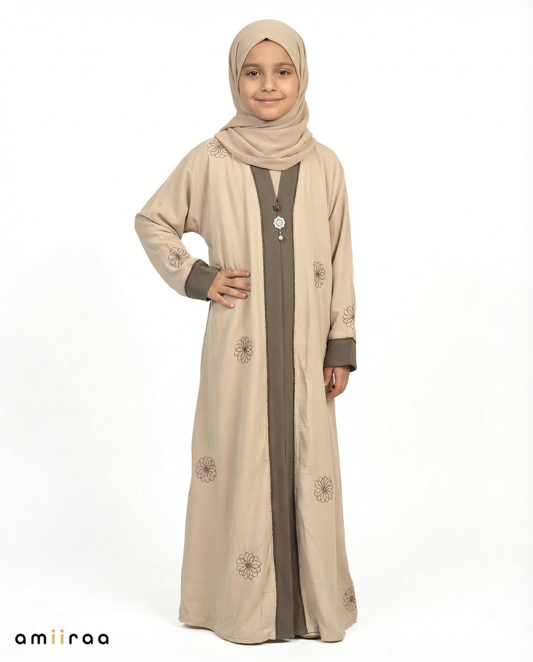 Abbey Stone Girls Floral Embroidered Open Abaya with Inner Dress