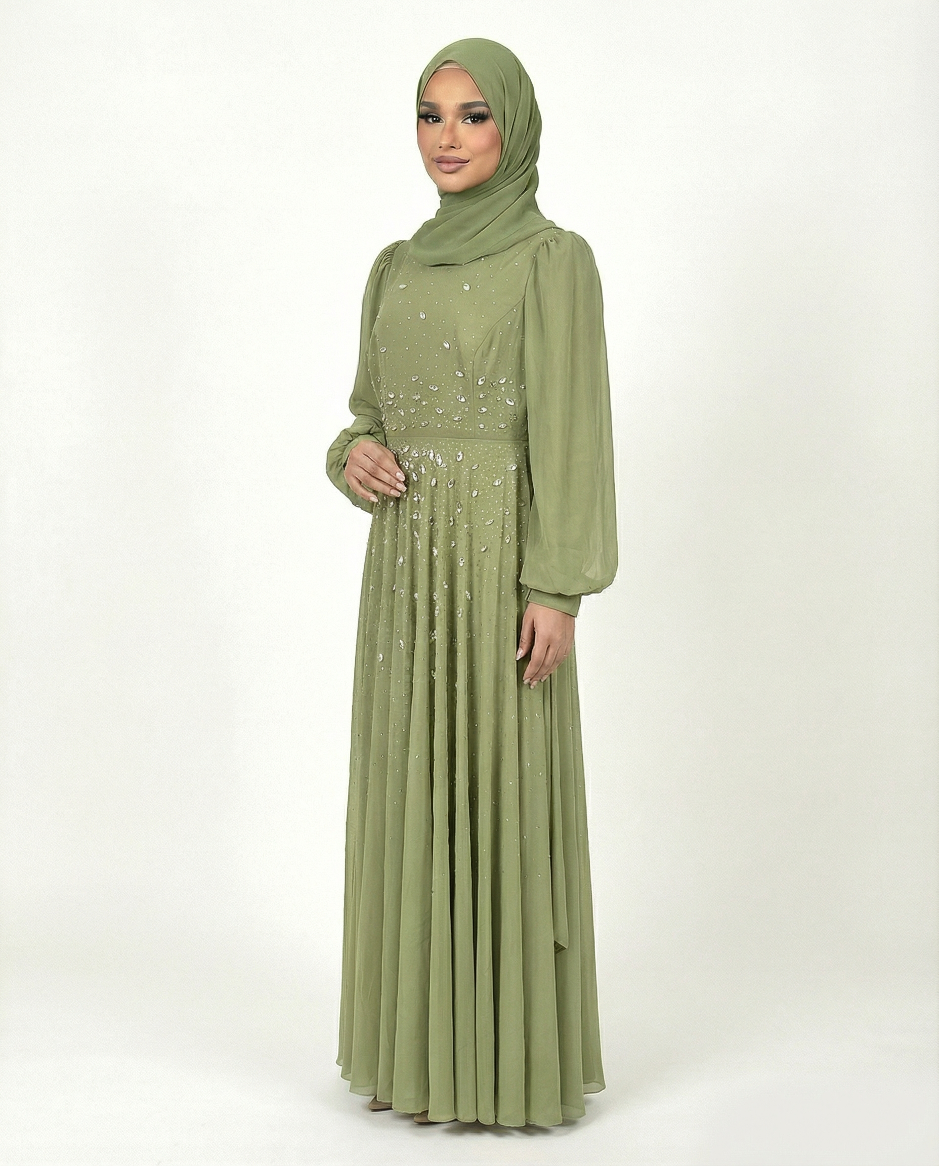 Leaf Green Chiffon Overlay Diamante Maxi Dress with Tie Sleeves