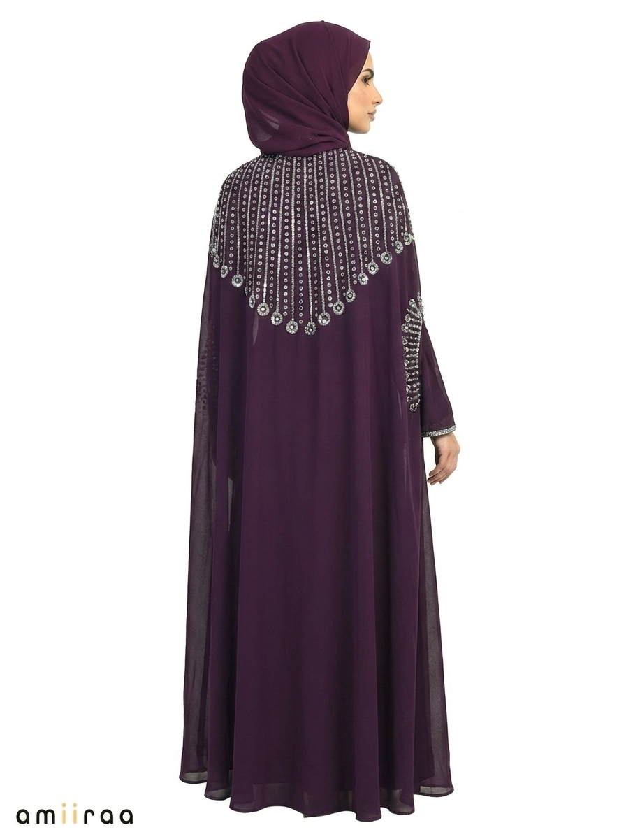 Blackberry Cordial Elegant Embellished Open Abaya with Sheer Cape