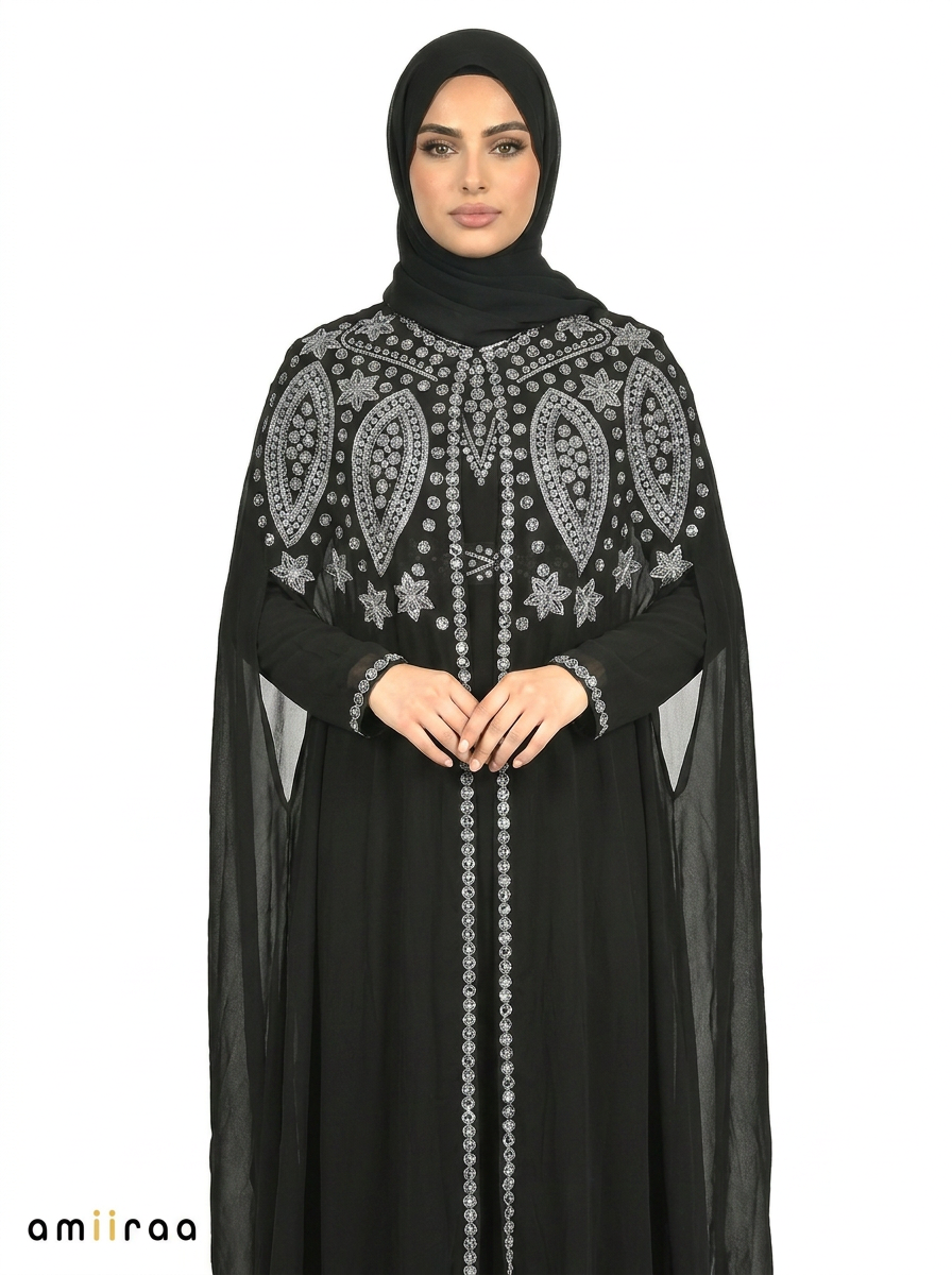 Tap Shoe Elegant Intricate Beaded Front Pattern Open Abaya