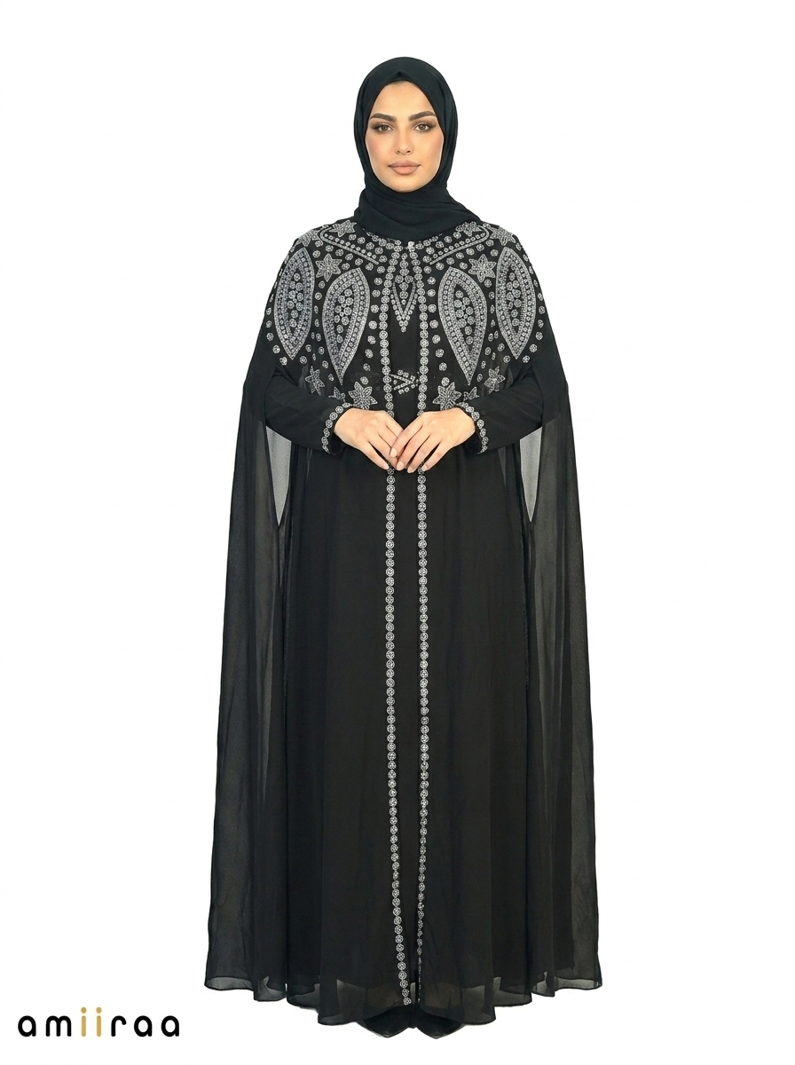 Tap Shoe Elegant Intricate Beaded Front Pattern Open Abaya