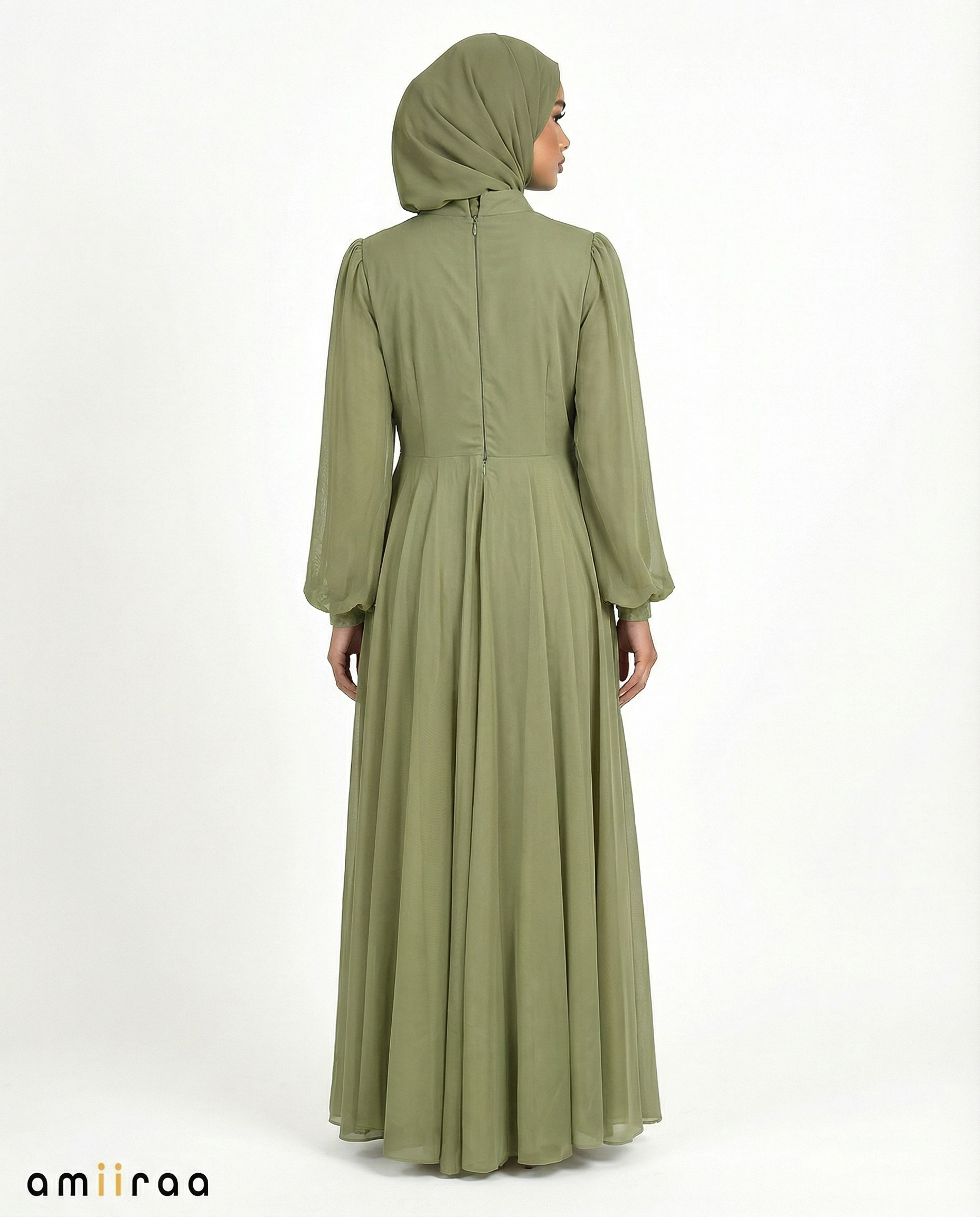 Leaf Green Chiffon Overlay Diamante Maxi Dress with Tie Sleeves