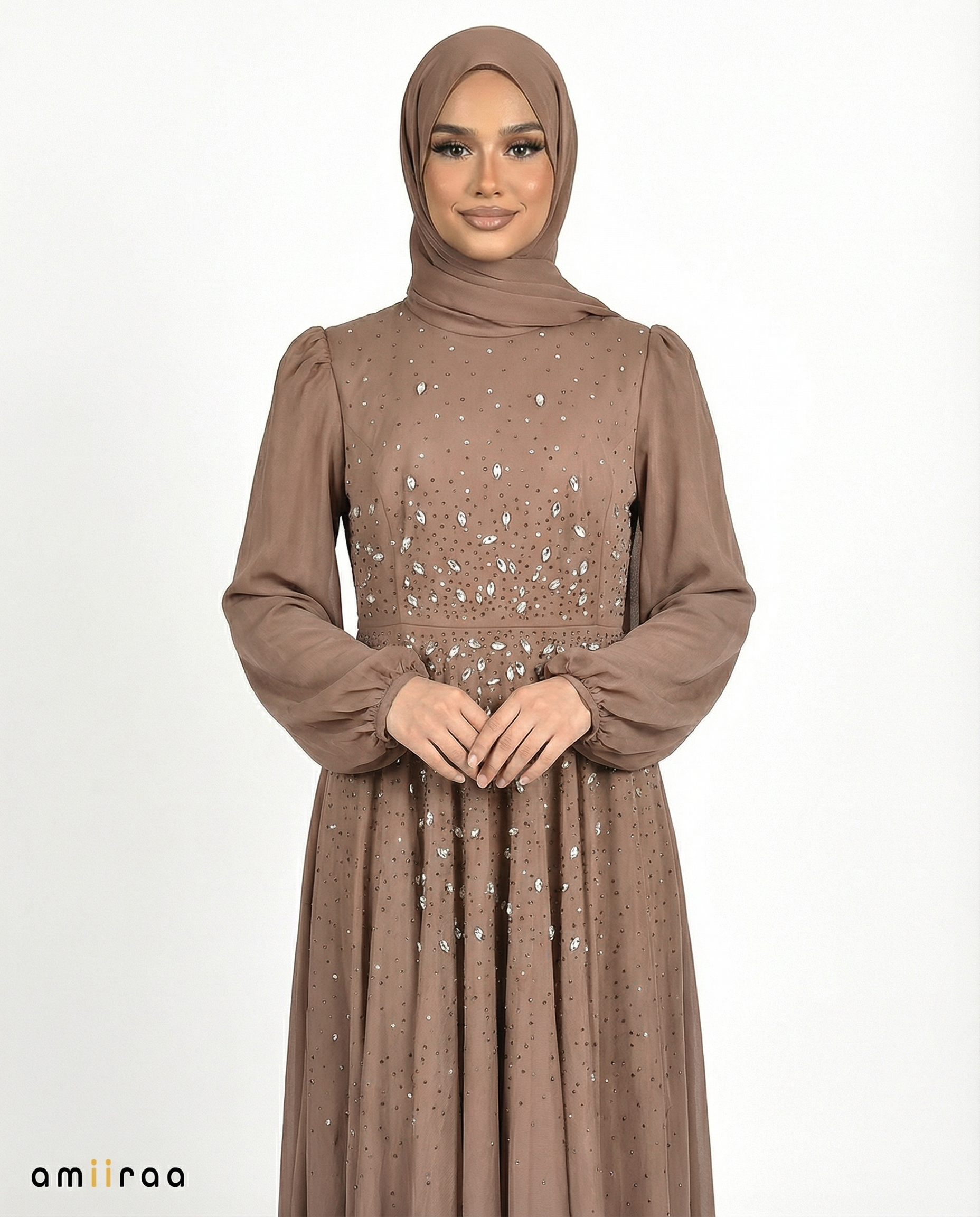 Brownie Chiffon Overlay Diamante Maxi Dress with Tie Sleeves
