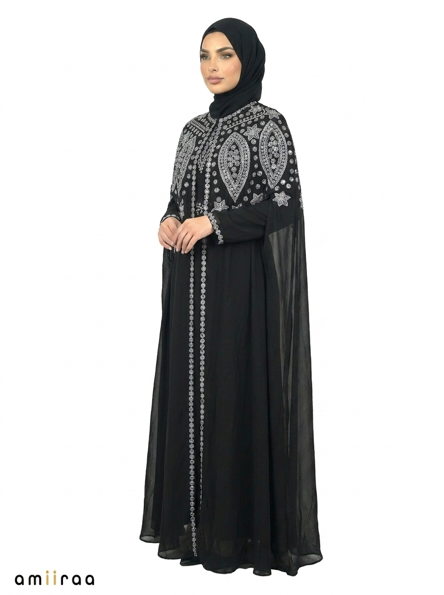 Tap Shoe Elegant Intricate Beaded Front Pattern Open Abaya