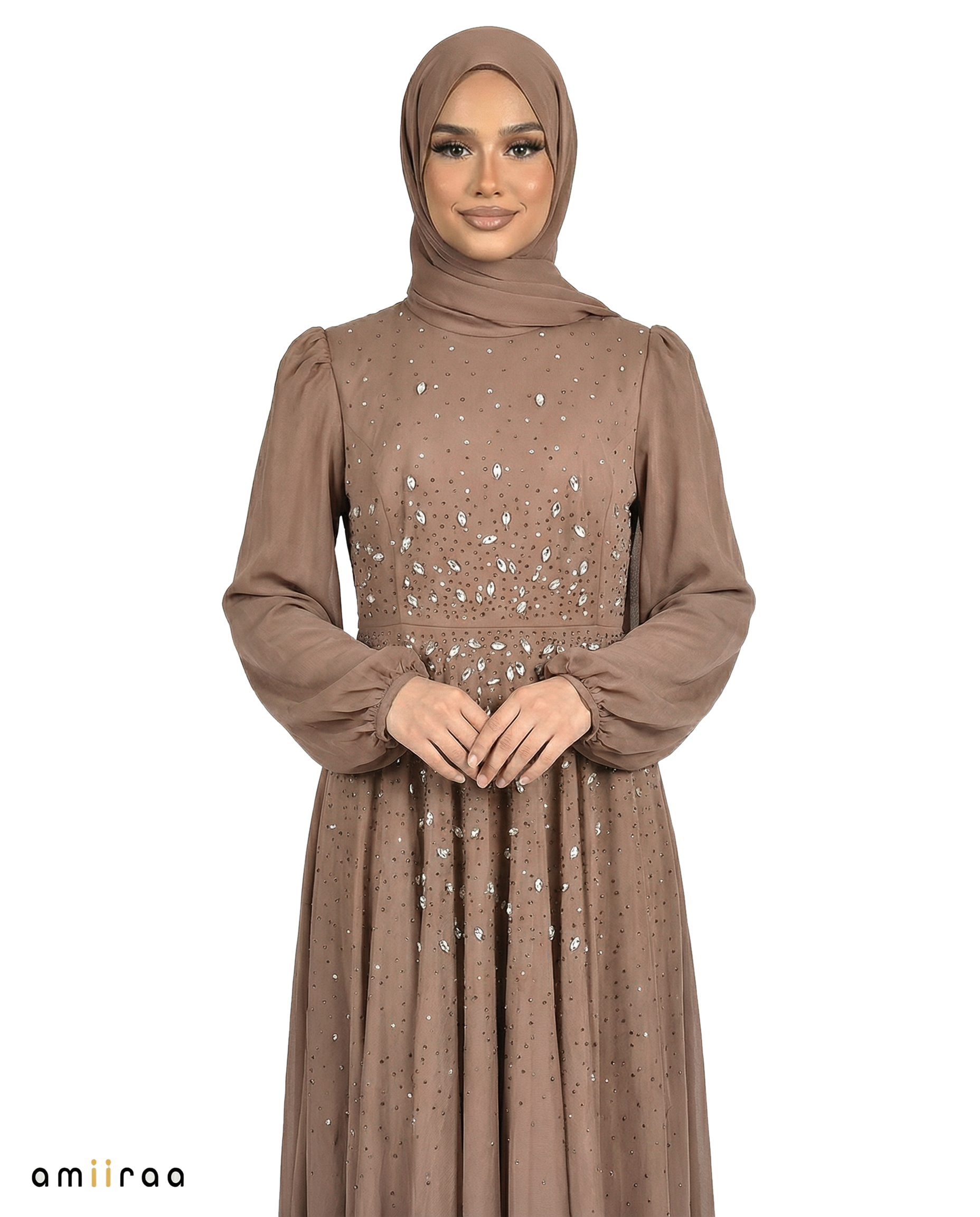 Brownie Chiffon Overlay Diamante Maxi Dress with Tie Sleeves