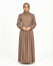 Brownie Chiffon Overlay Diamante Maxi Dress with Tie Sleeves