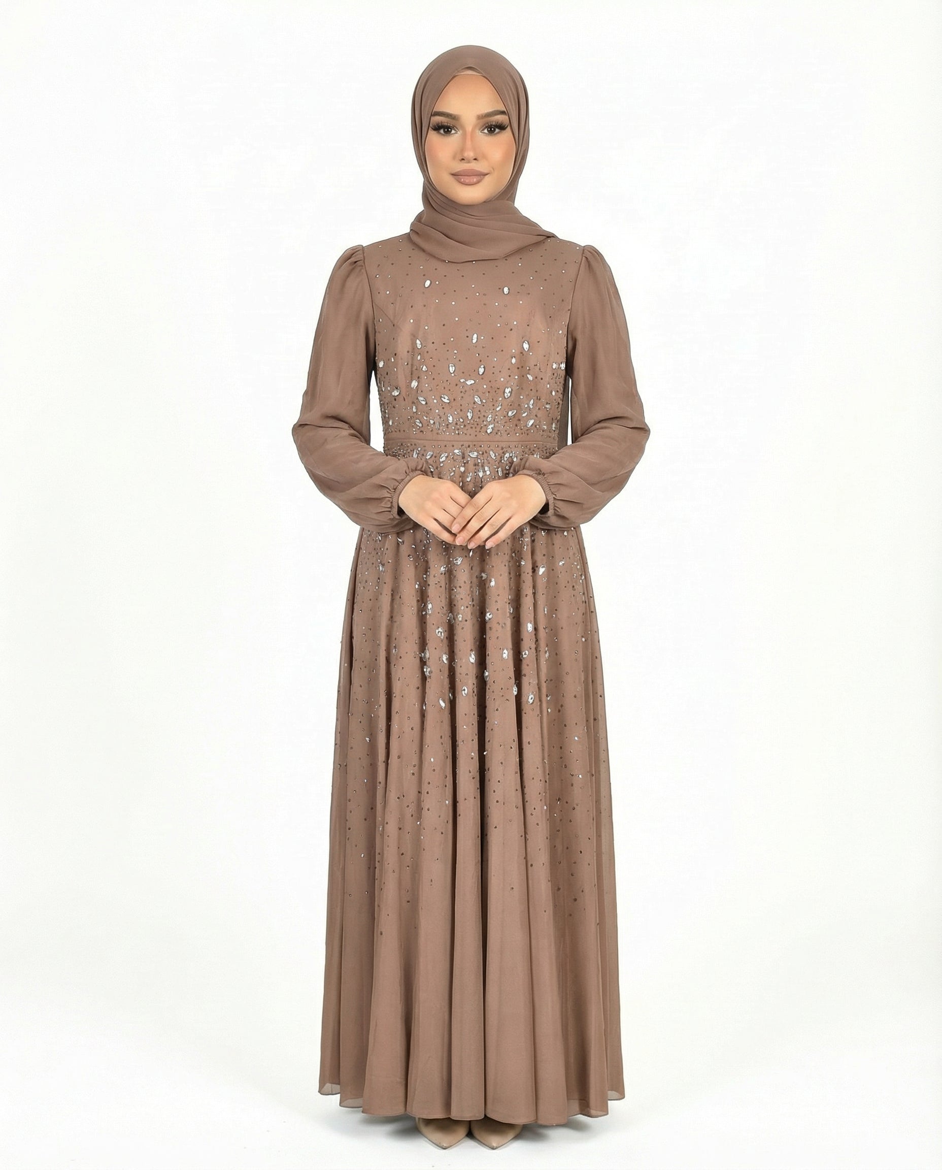 Brownie Chiffon Overlay Diamante Maxi Dress with Tie Sleeves