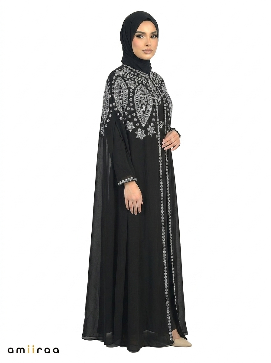Tap Shoe Elegant Intricate Beaded Front Pattern Open Abaya