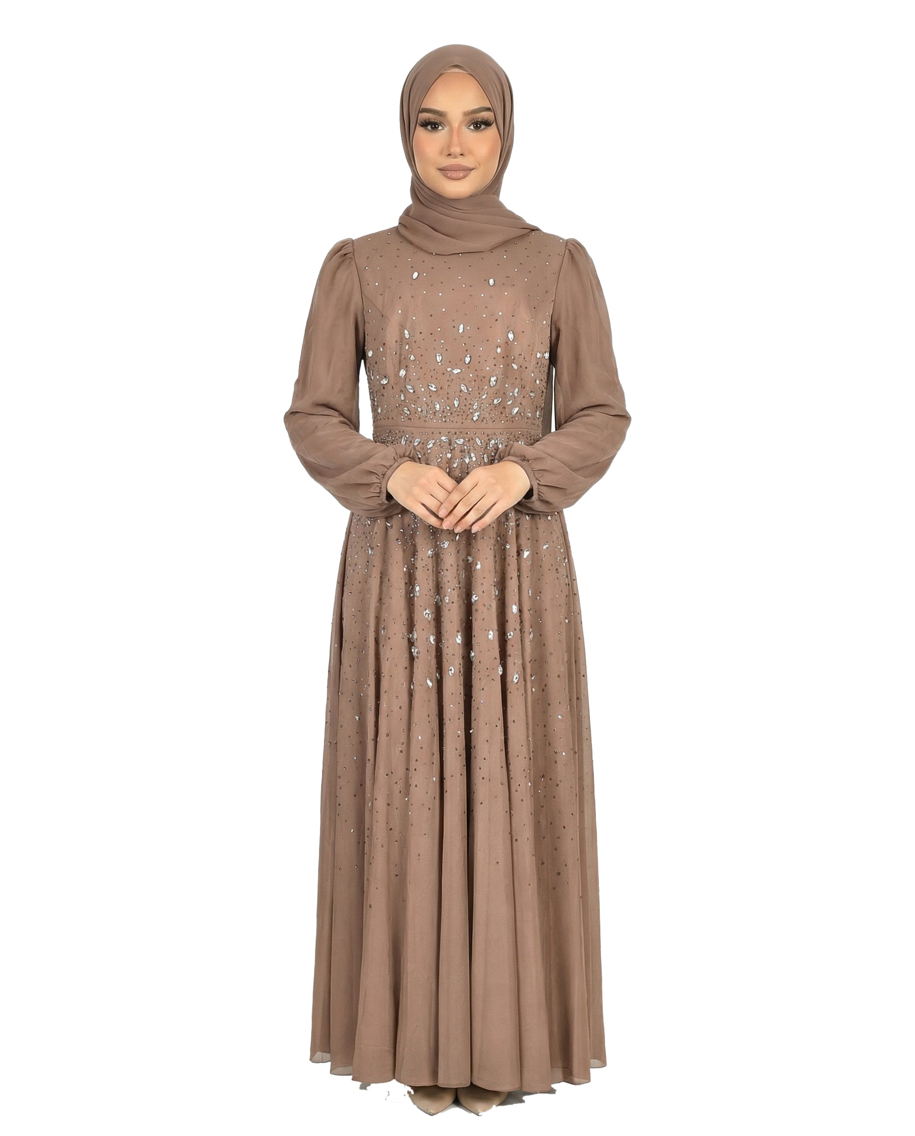 Brownie Chiffon Overlay Diamante Maxi Dress with Tie Sleeves