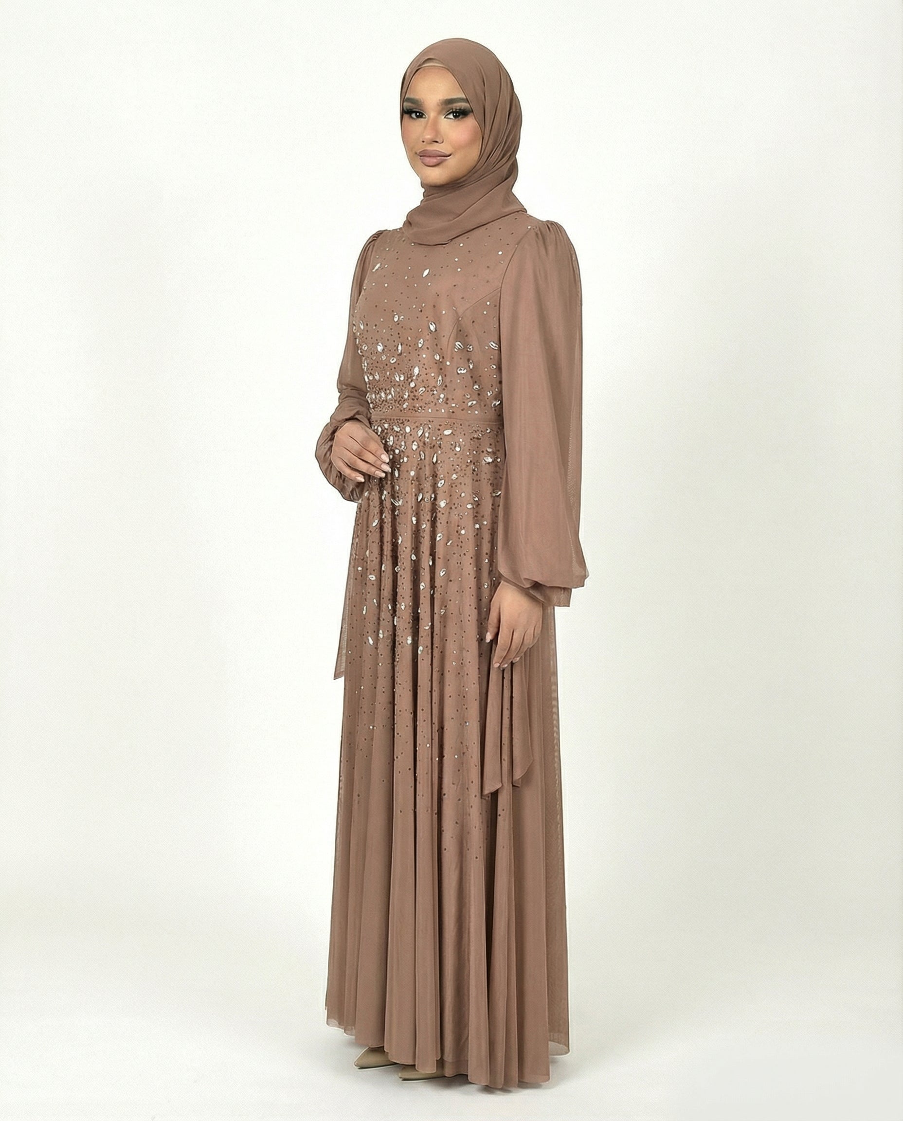 Brownie Chiffon Overlay Diamante Maxi Dress with Tie Sleeves