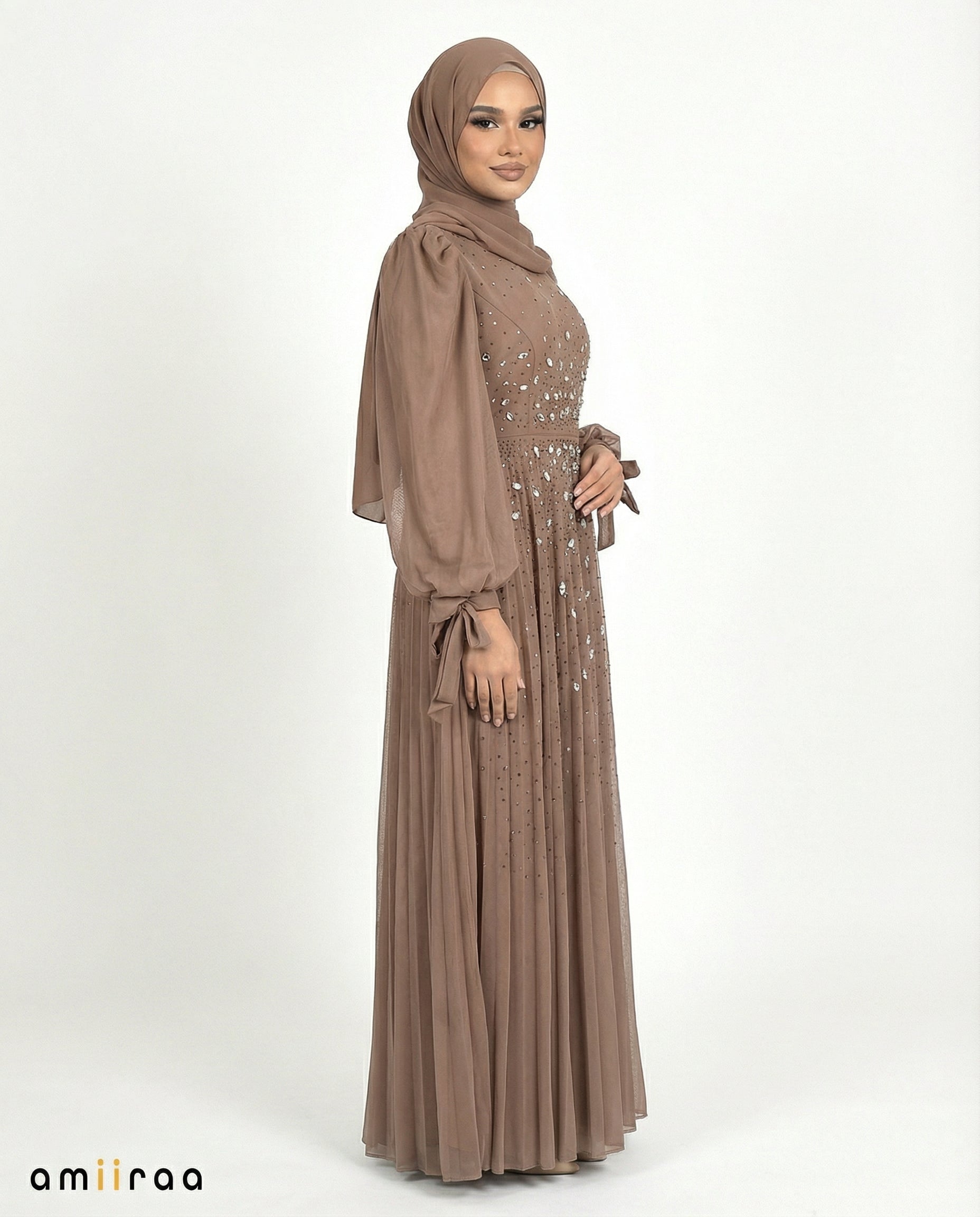 Brownie Chiffon Overlay Diamante Maxi Dress with Tie Sleeves