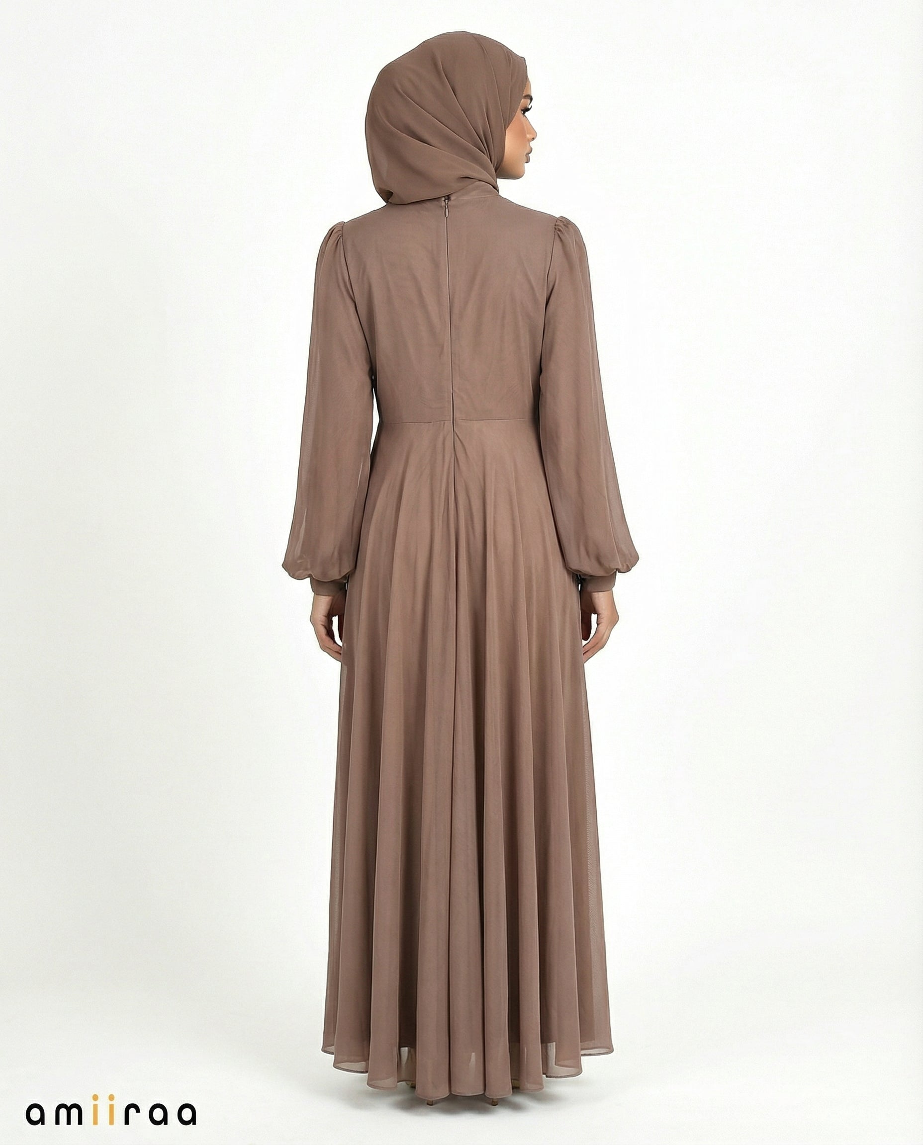 Brownie Chiffon Overlay Diamante Maxi Dress with Tie Sleeves