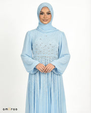 Blue Surf Chiffon Overlay Diamante Maxi Dress with Tie Sleeves