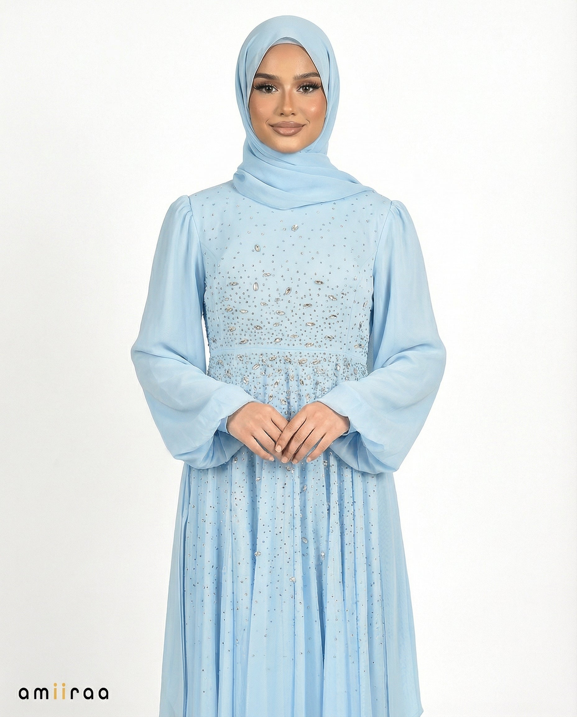 Blue Surf Chiffon Overlay Diamante Maxi Dress with Tie Sleeves