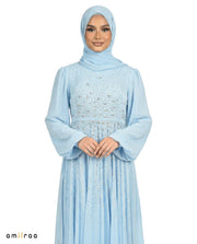 Blue Surf Chiffon Overlay Diamante Maxi Dress with Tie Sleeves