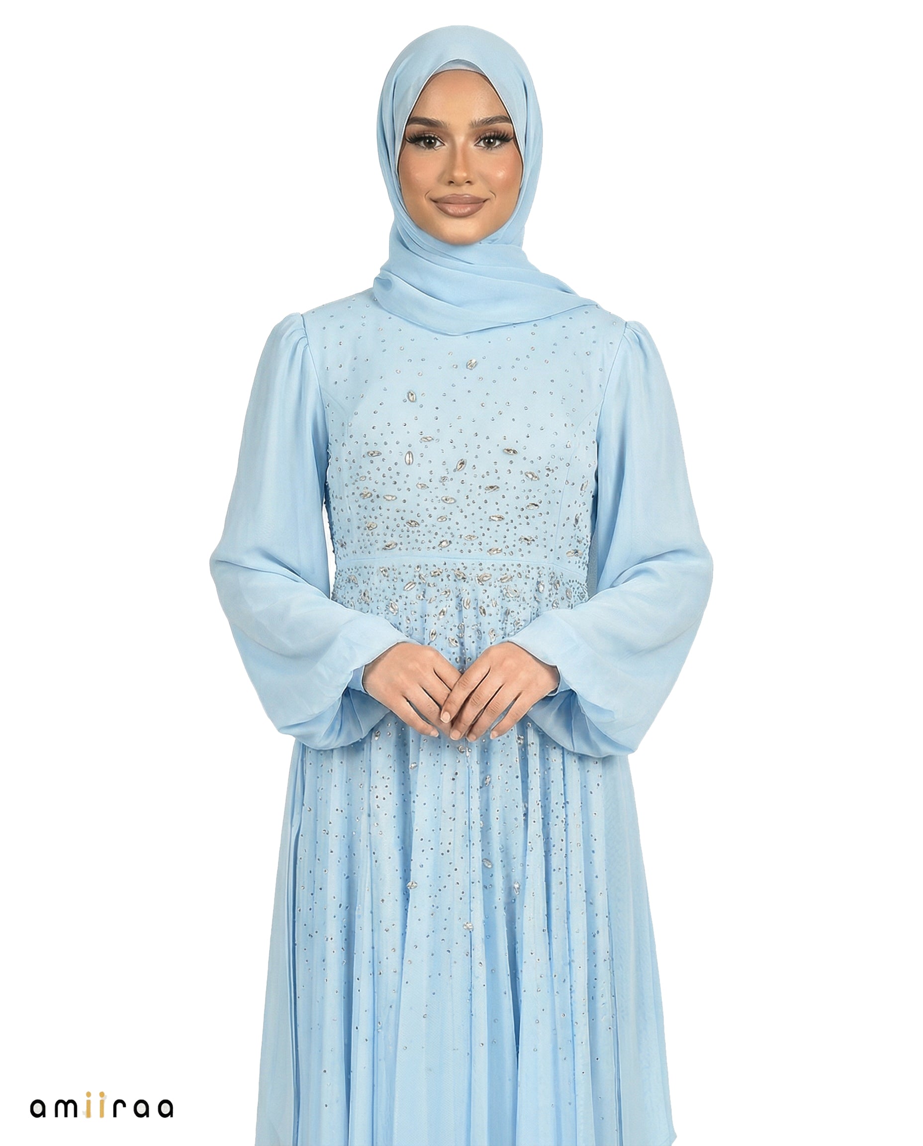 Blue Surf Chiffon Overlay Diamante Maxi Dress with Tie Sleeves