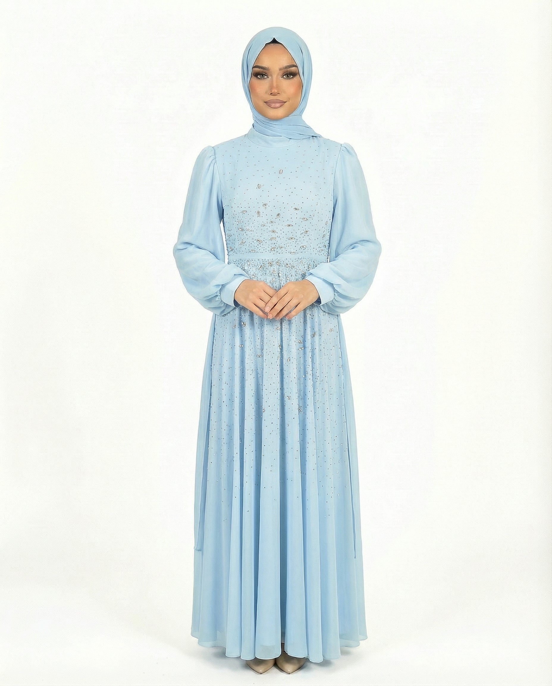 Blue Surf Chiffon Overlay Diamante Maxi Dress with Tie Sleeves