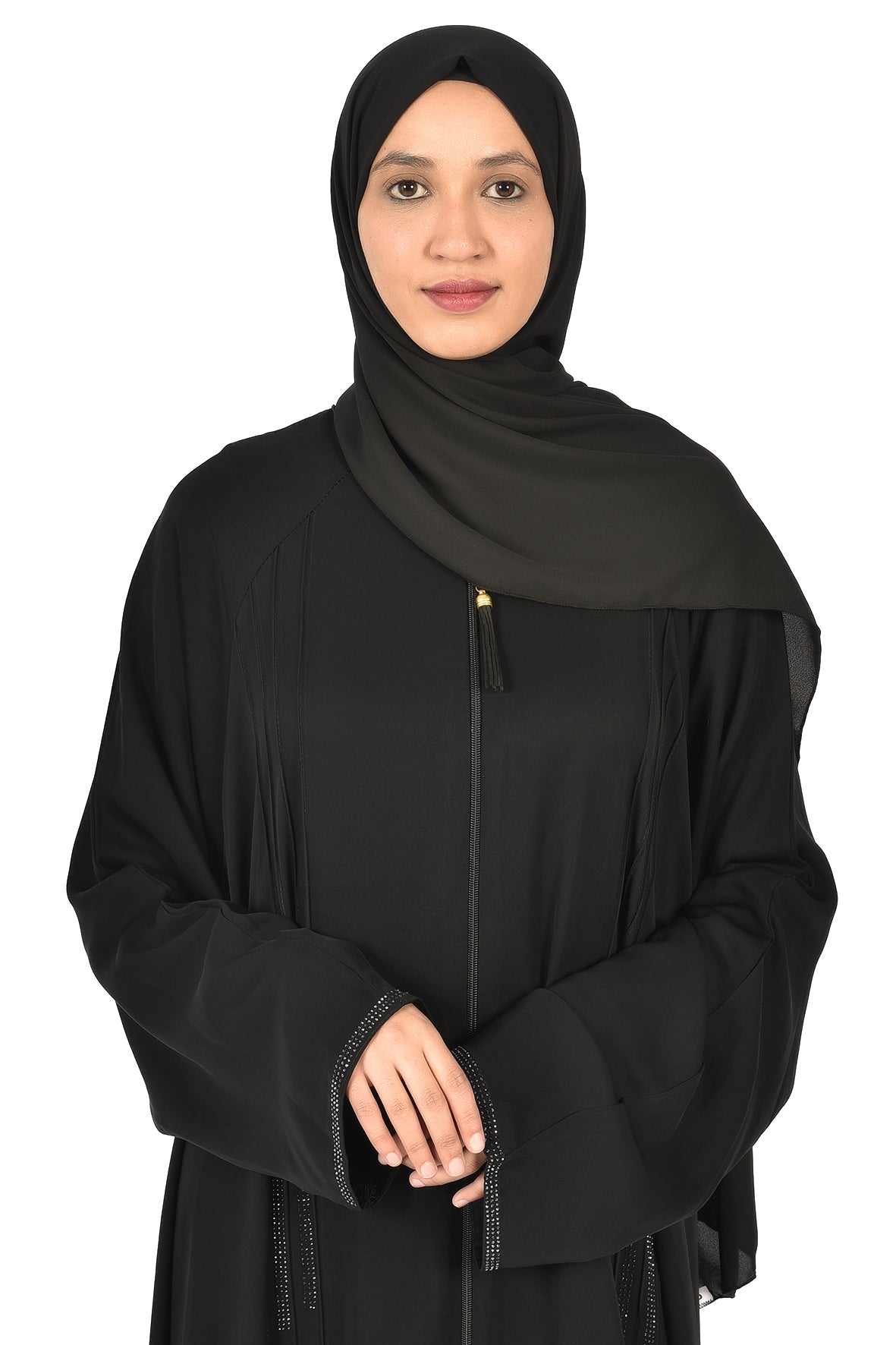 Black Zipper Abaya with Shiny Details – Elegant & Modern Design ( ladies abaya )