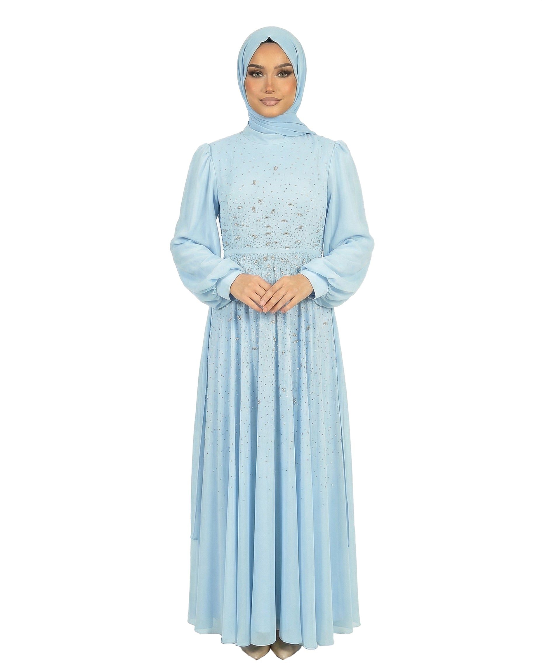 Blue Surf Chiffon Overlay Diamante Maxi Dress with Tie Sleeves
