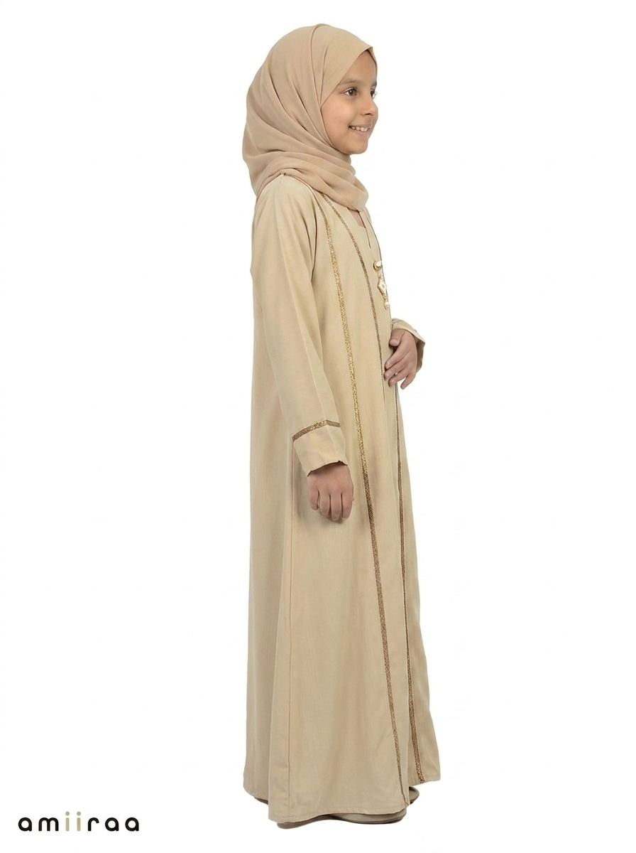 Desert Sage Saudi Abaya with Gold Trim Detailing