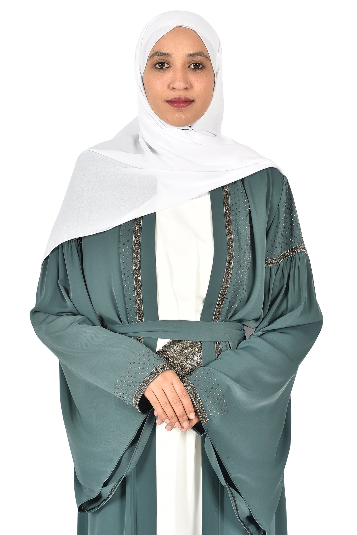 Elegant Green Open Abaya with Gold Embroidery and Waist Belt (katalia )