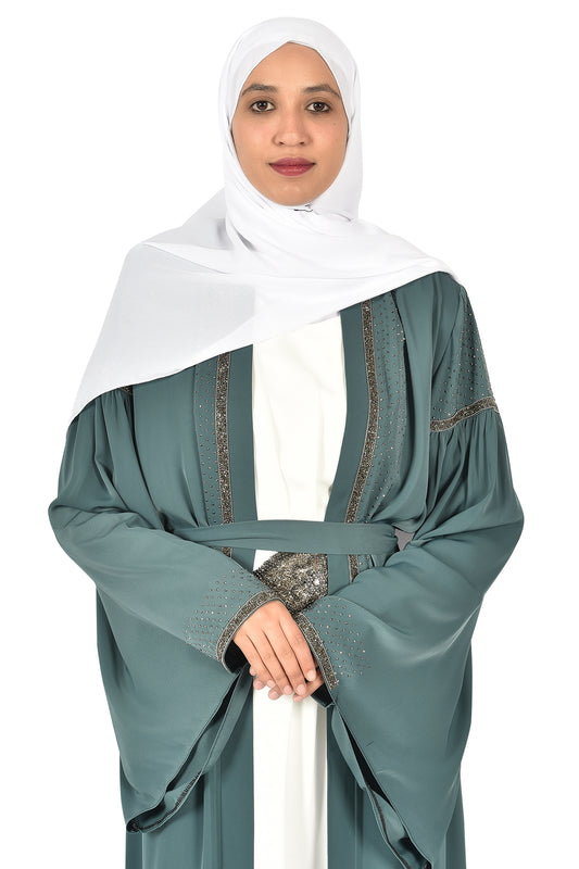 Elegant Green Open Abaya with Gold Embroidery and Waist Belt (katalia )