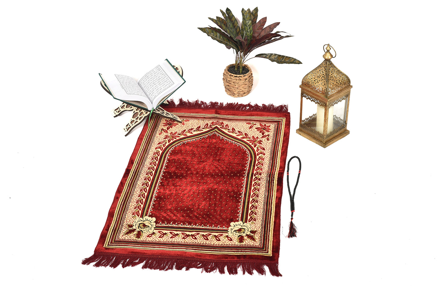 Luxury Prayer Rug – Elegant Floral Design in Deep Red with Gold Accents ( musallahs )