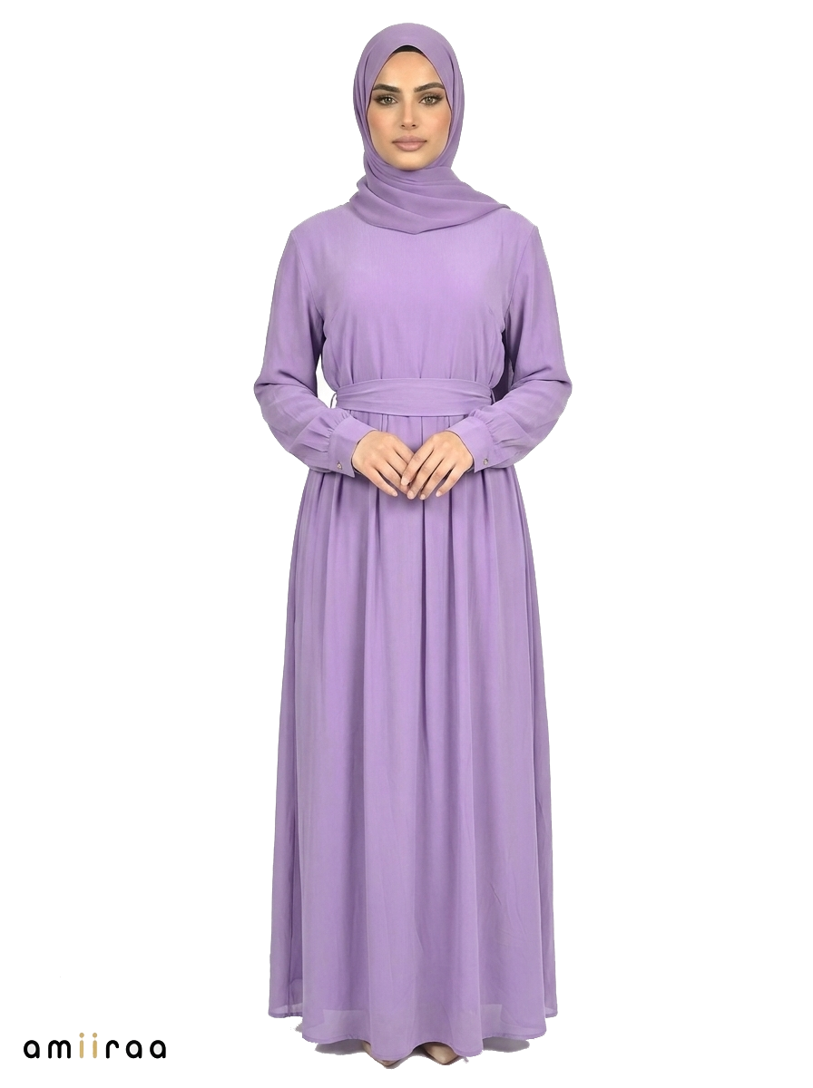 Grape Compote Women’s Elegant Maxi Abaya Dress with Waist Belt