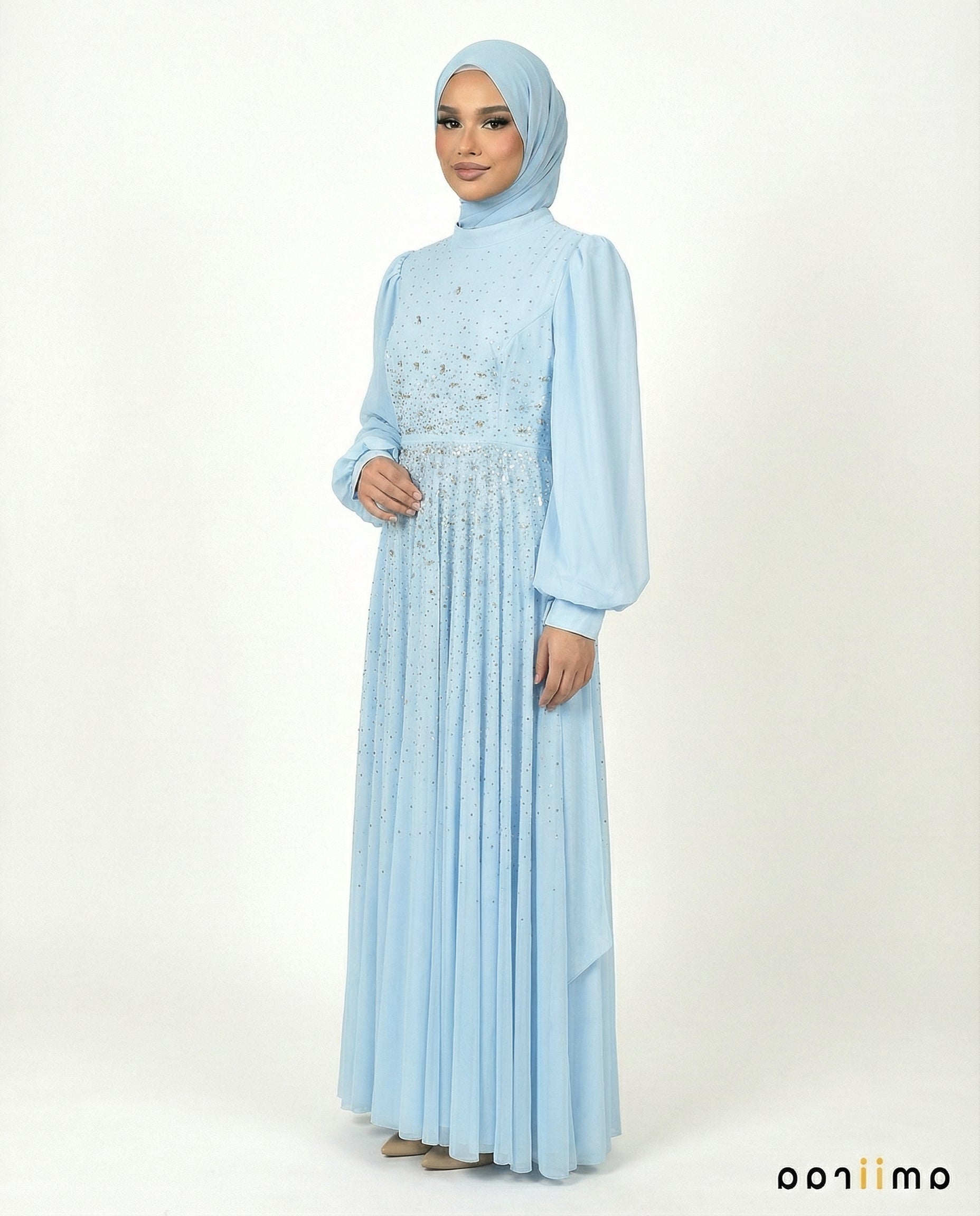 Blue Surf Chiffon Overlay Diamante Maxi Dress with Tie Sleeves