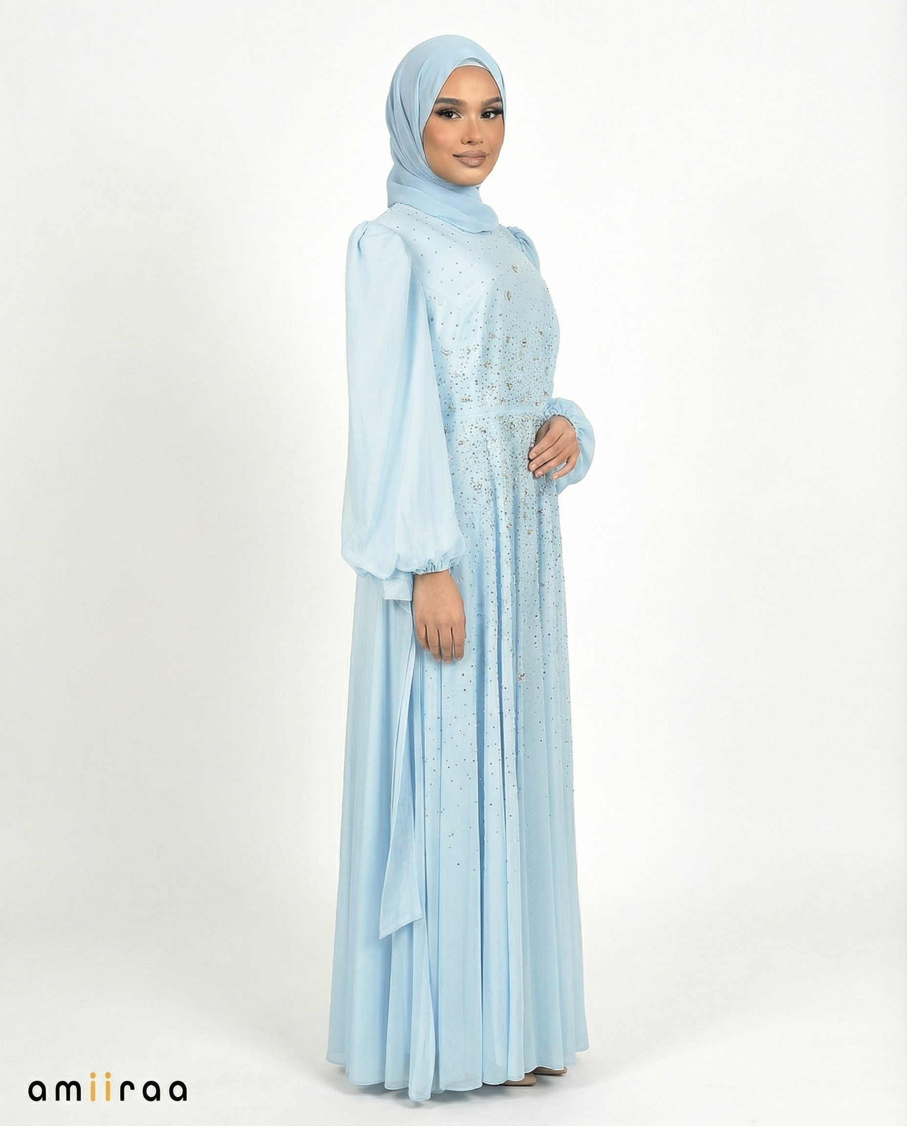Blue Surf Chiffon Overlay Diamante Maxi Dress with Tie Sleeves