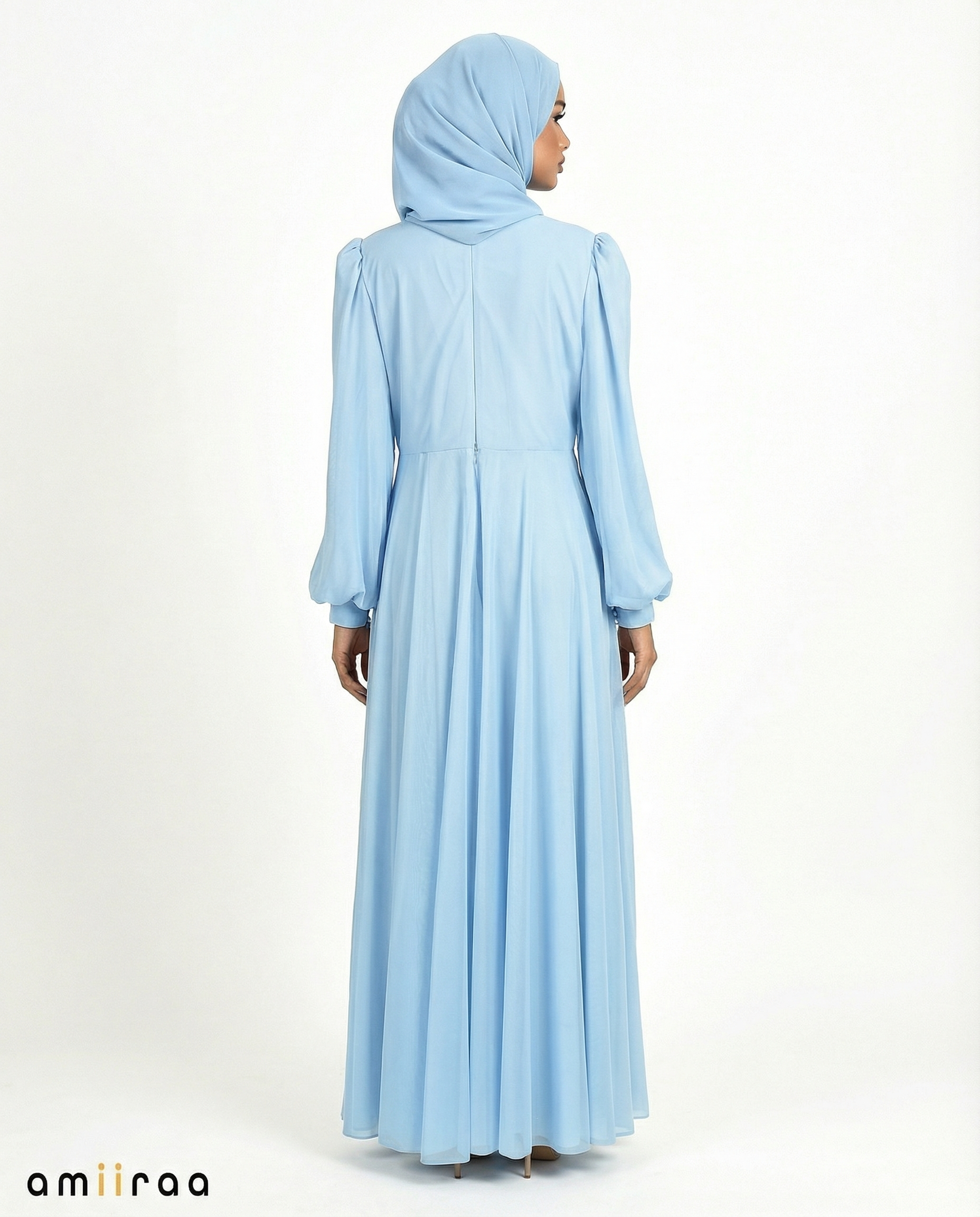Blue Surf Chiffon Overlay Diamante Maxi Dress with Tie Sleeves