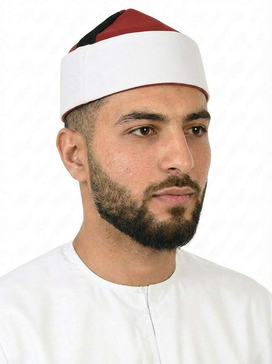 Traditional Red and White Moroccan Fez Hat with Black Tassel Accent