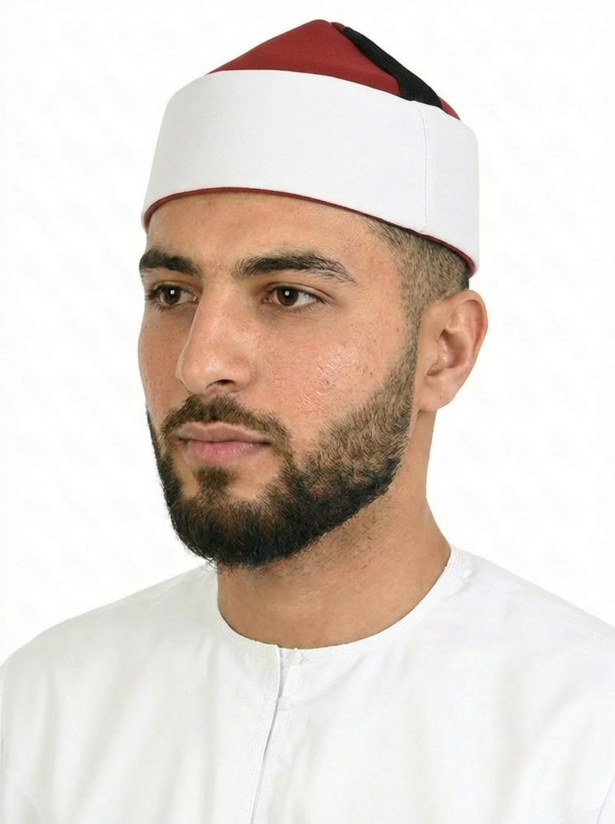 Traditional Red and White Moroccan Fez Hat with Black Tassel Accent