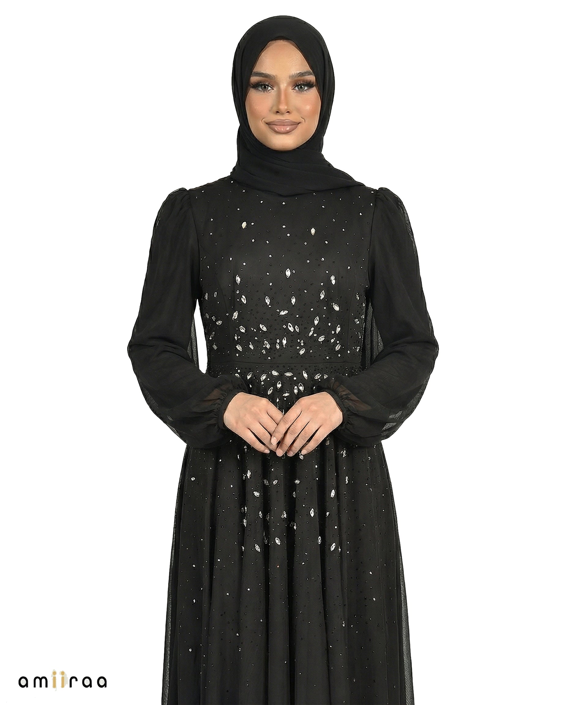 Meteorite Chiffon Overlay Diamante Maxi Dress with Tie Sleeves