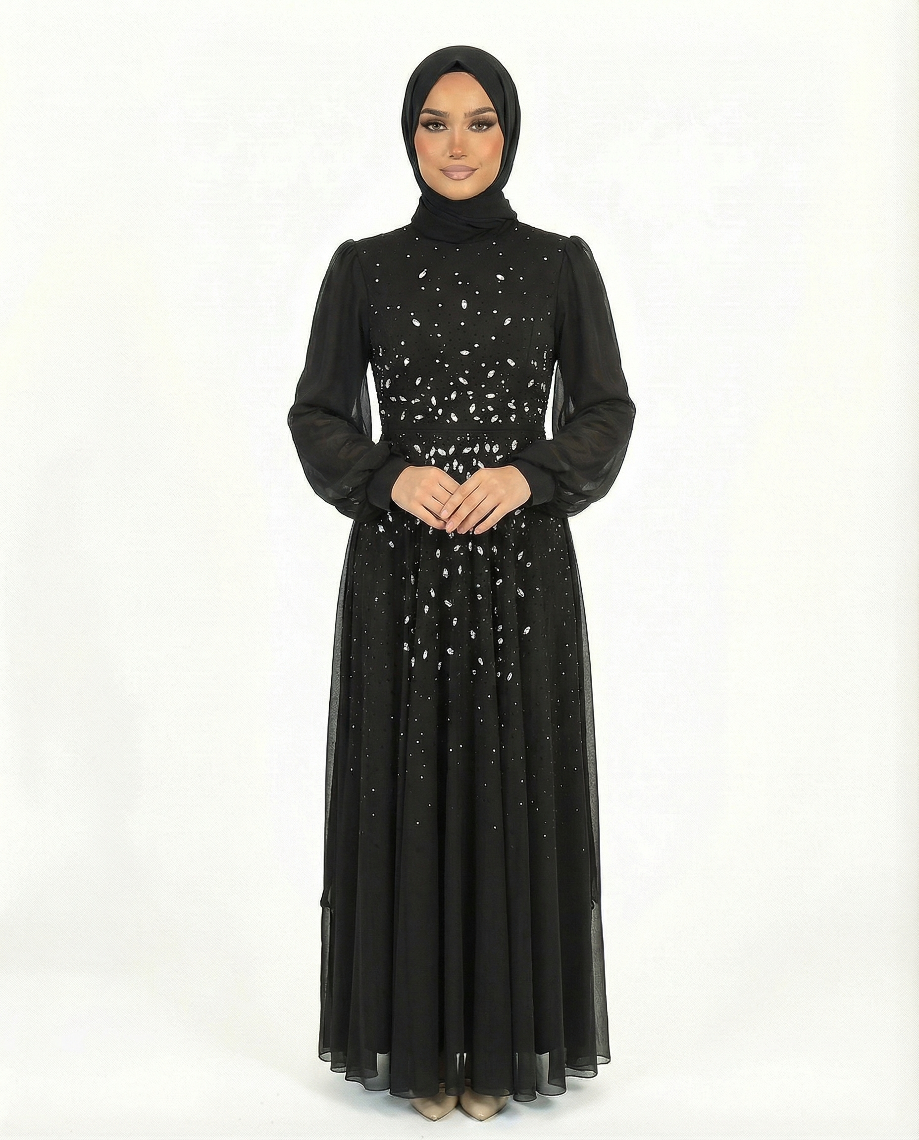 Meteorite Chiffon Overlay Diamante Maxi Dress with Tie Sleeves