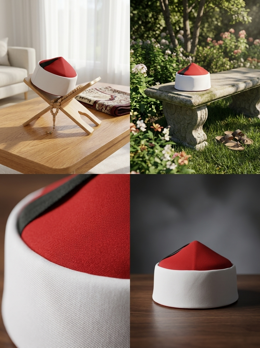 Traditional Red and White Moroccan Fez Hat with Black Tassel Accent