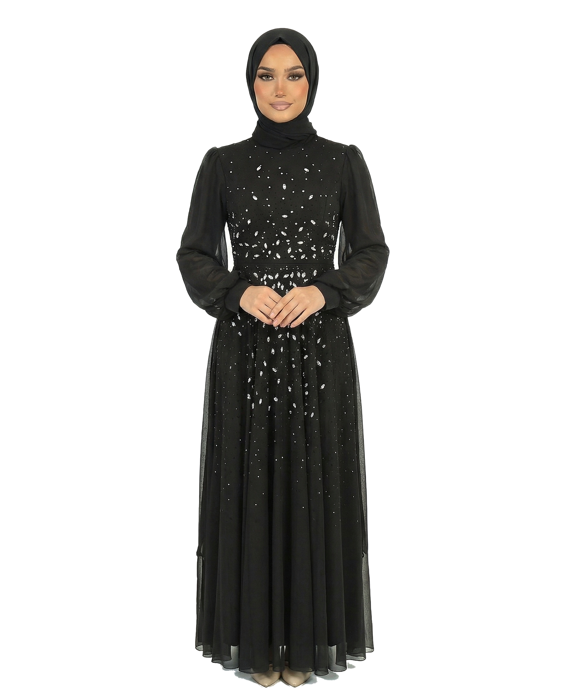 Meteorite Chiffon Overlay Diamante Maxi Dress with Tie Sleeves