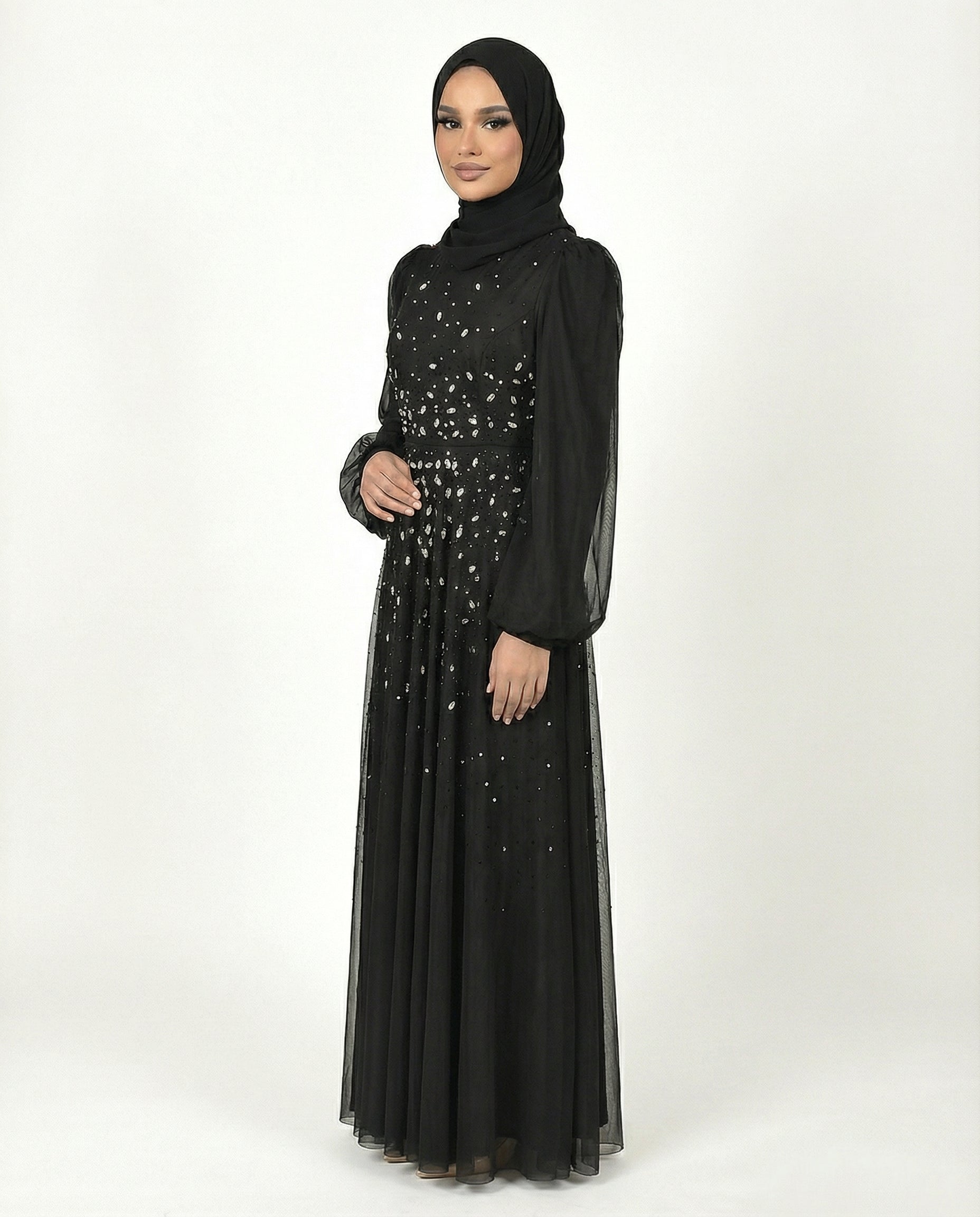 Meteorite Chiffon Overlay Diamante Maxi Dress with Tie Sleeves