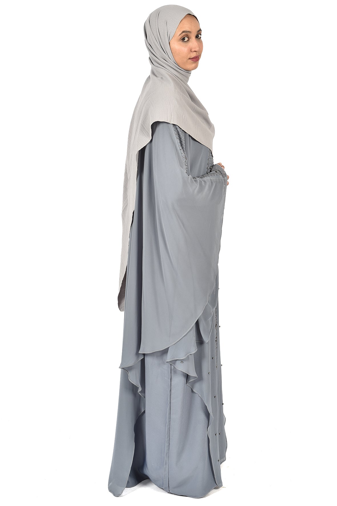 Layered Grey Chiffon Abaya with Pearl Embellishments ( ladies abaya )
