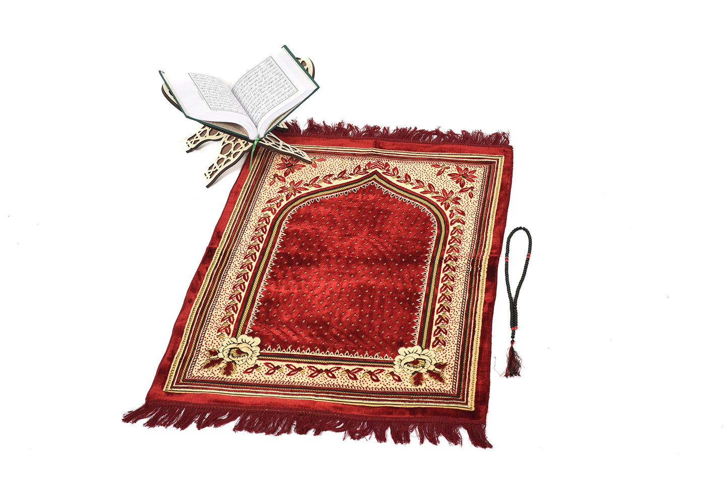 Luxury Prayer Rug – Elegant Floral Design in Deep Red with Gold Accents ( musallahs )