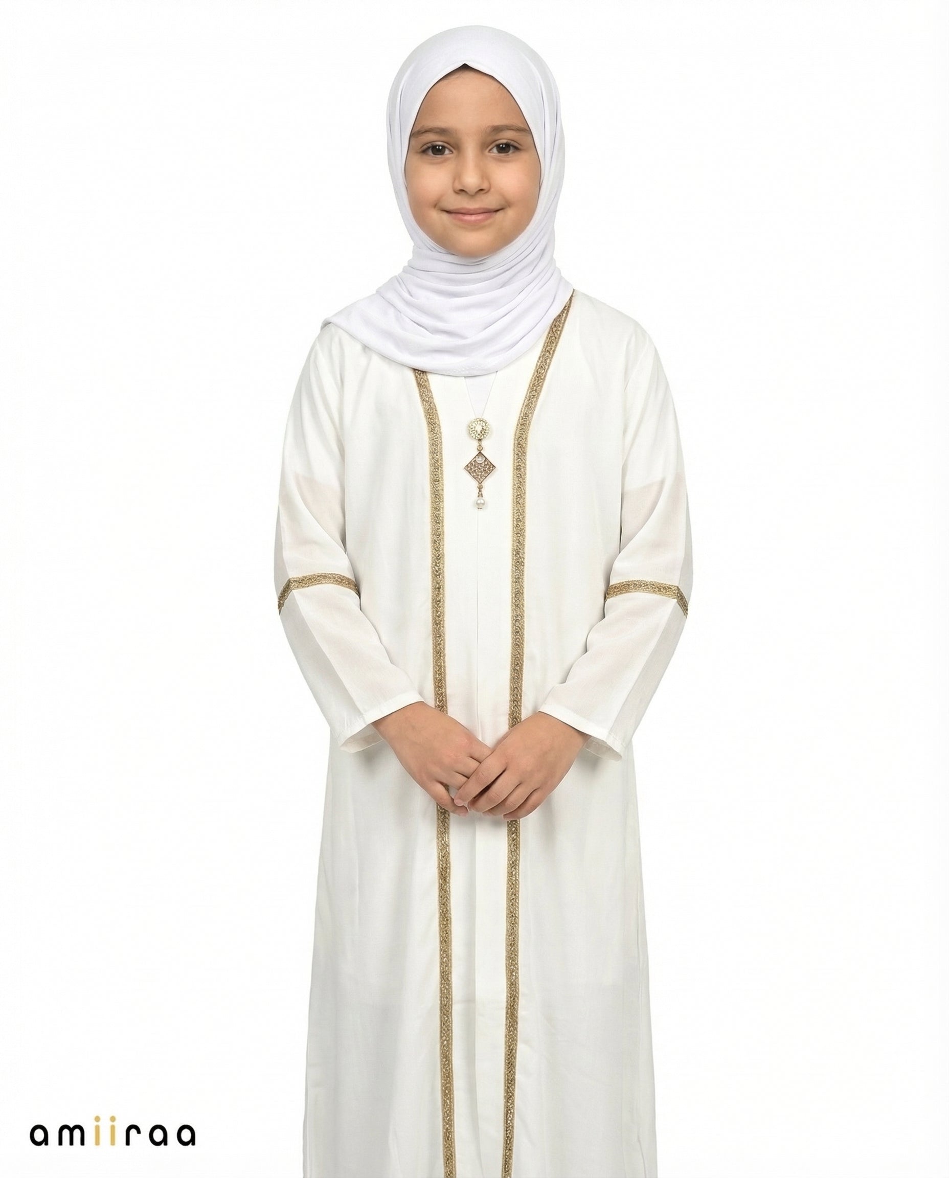 Bit of Blue Girls Elegant Open Abaya with Gold Trim Detailing