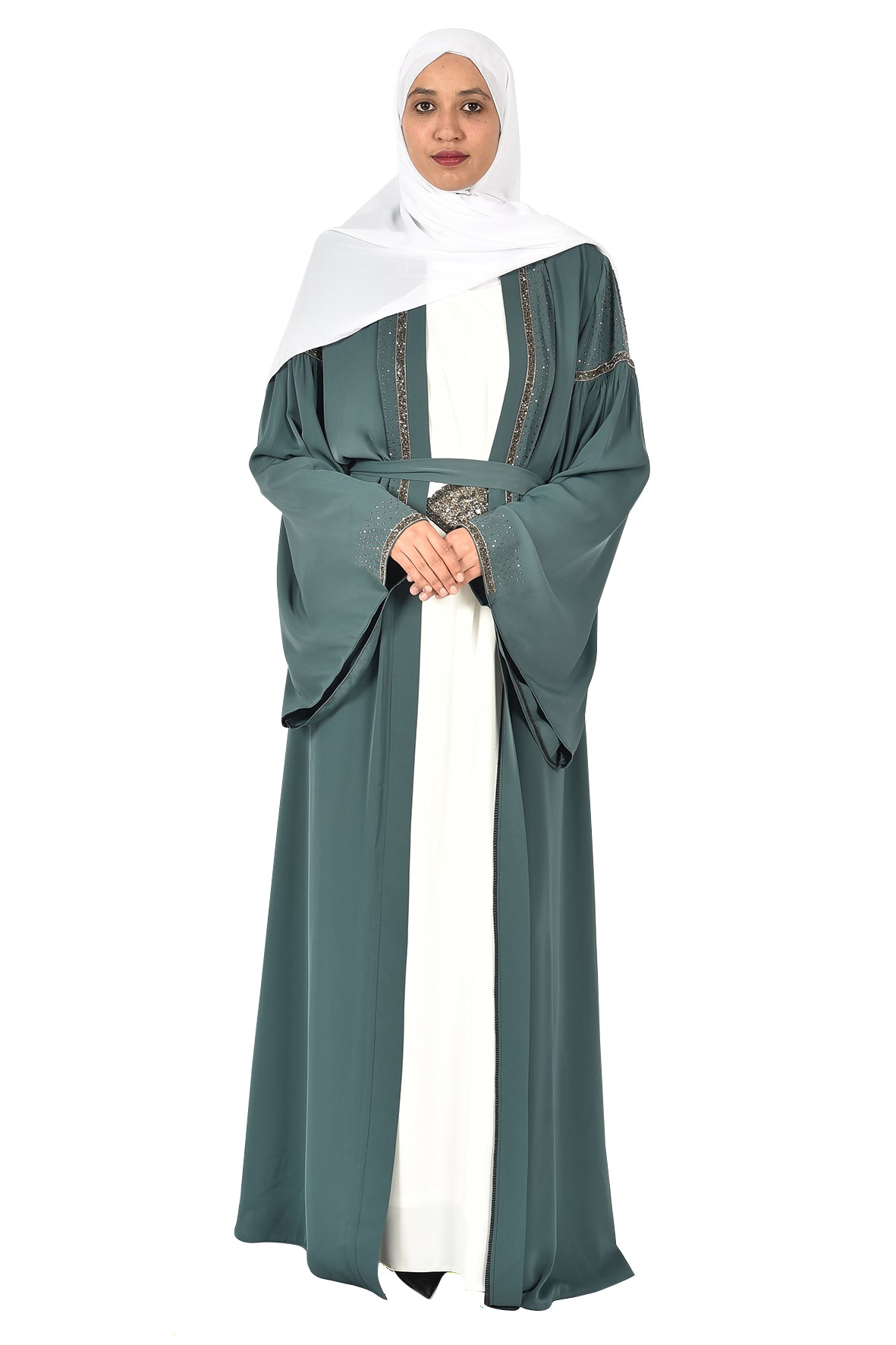 Elegant Green Open Abaya with Gold Embroidery and Waist Belt (katalia )