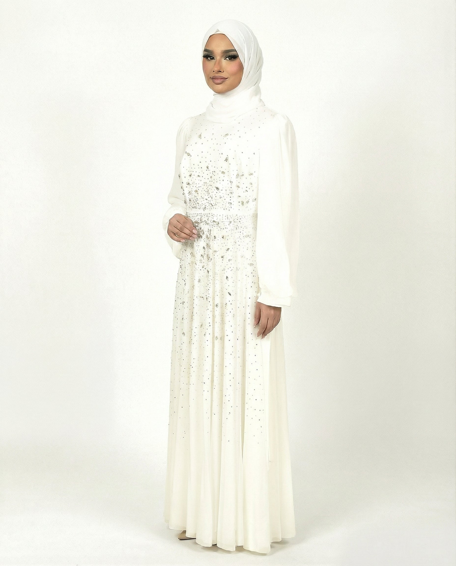 Diaphonous Chiffon Overlay Diamante Maxi Dress with Tie Sleeves