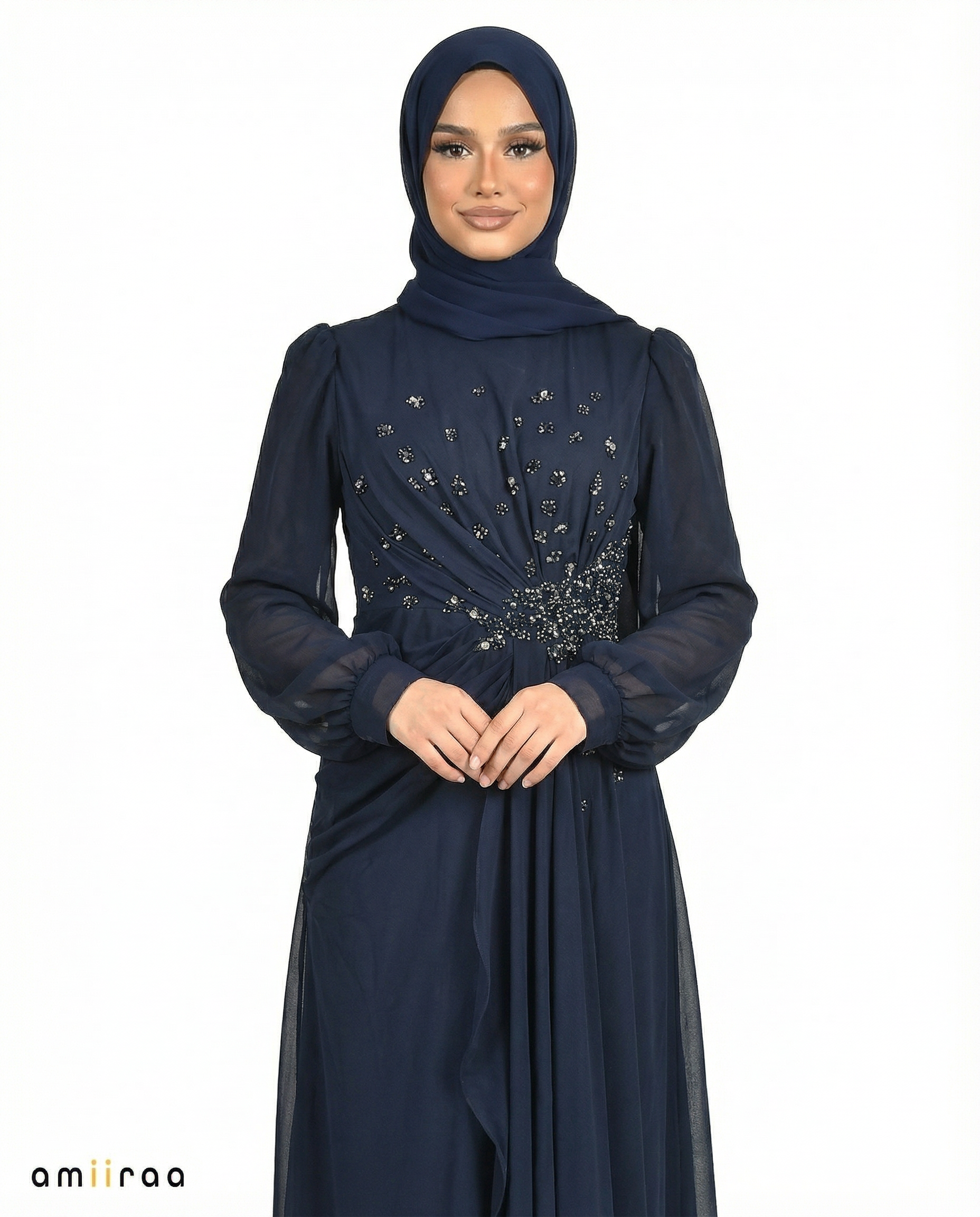 Chiffon Diamante Maxi Dress with Side Twist Detail - Black Iris