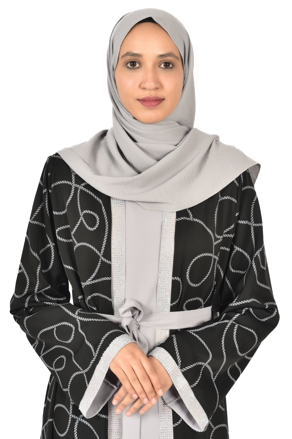 Black Abaya with Modern Silver Patterns & Waist Tie – Stylish Open Design ( katalia )