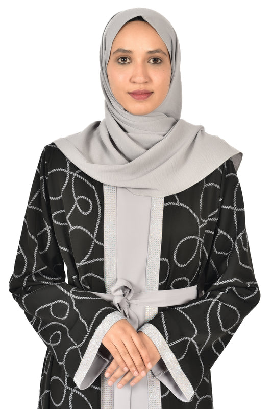 Black Abaya with Modern Silver Patterns & Waist Tie – Stylish Open Design ( katalia )