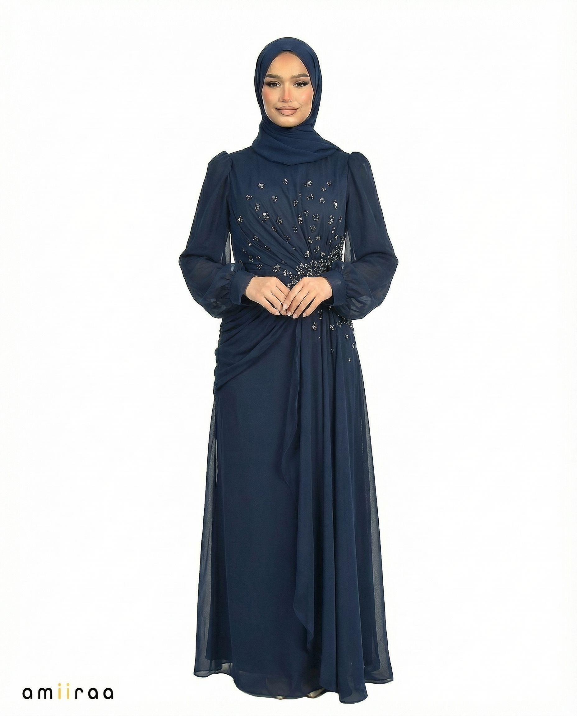 Chiffon Diamante Maxi Dress with Side Twist Detail - Black Iris