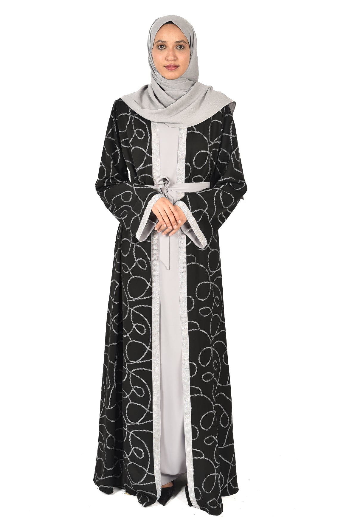 Black Abaya with Modern Silver Patterns & Waist Tie – Stylish Open Design ( katalia )